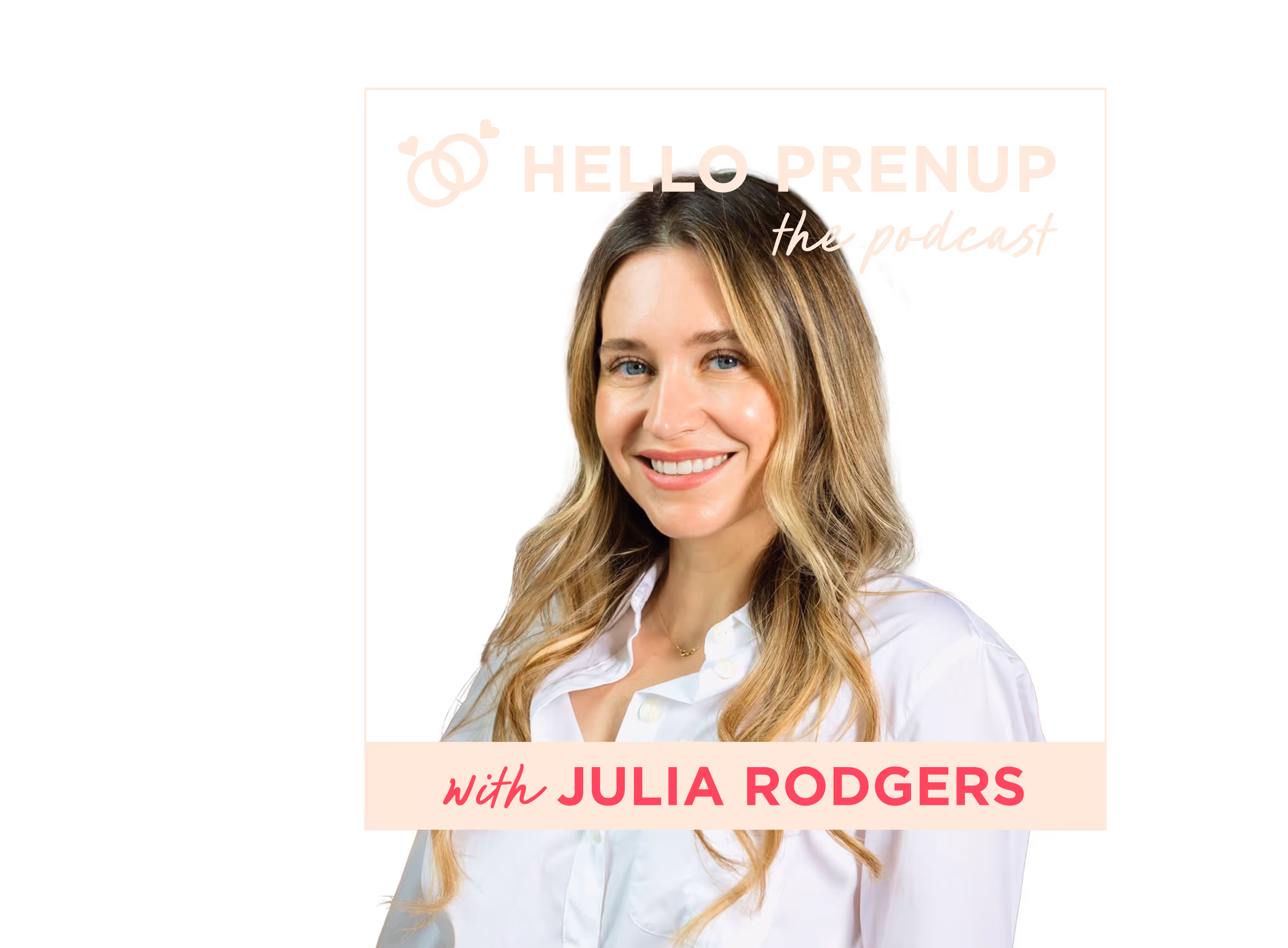 Smiling woman with long blonde hair wearing a white shirt, titled Hello Prenup the podcast with Julia Rodgers.