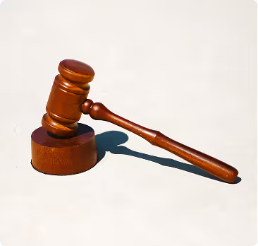 Wooden judge's gavel resting on a matching sound block casting a shadow on a light surface.