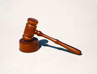 Wooden judge's gavel resting on its sound block casting a shadow on a white surface.