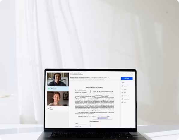 Laptop screen showing a video call with two participants on the left and a digital document titled 'General Power of Attorney' on the right.