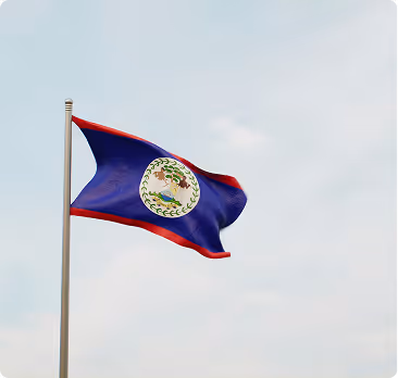 Flag of Belize waving on a flagpole against a cloudy sky.