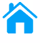 Blue house icon with a roof and chimney.