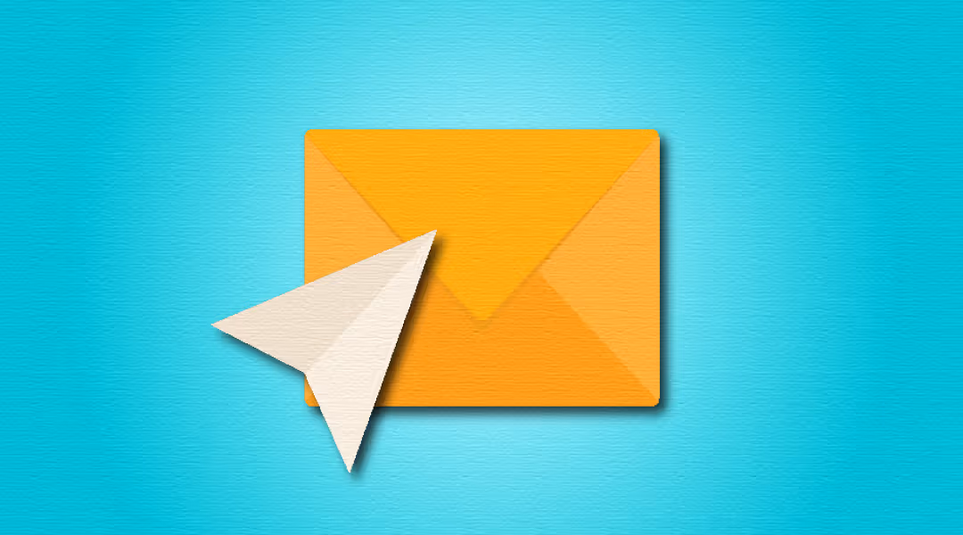 Yellow envelope icon with a white paper airplane in front on a blue textured background.