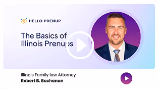 Video thumbnail titled 'The Basics of Illinois Prenups' featuring Illinois family law attorney Robert B. Buchanan in a suit and tie.