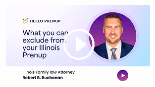 Thumbnail for a video titled 'What you can exclude from your Illinois Prenup' featuring Illinois family law attorney Robert B. Buchanan with his portrait on a purple background.