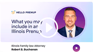 Video thumbnail featuring Robert B. Buchanan, Illinois family law attorney, with text about Illinois Prenup services from Hello Prenup.