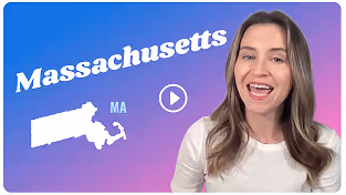 Smiling woman with Massachusetts state outline and name on a blue to purple gradient background.