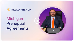 Man in suit and orange tie sitting at a desk with a laptop, with text reading Michigan Prenuptial Agreements and Hello Prenup logo.