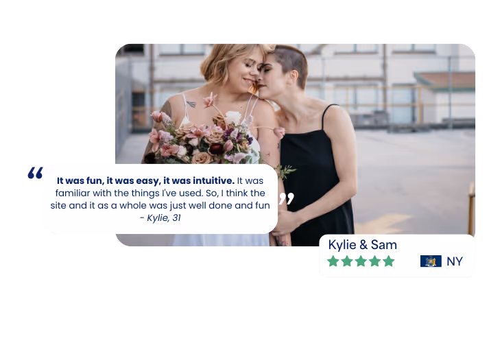 Two women embracing closely outdoors, one in a white dress holding a flower bouquet, and the other in a black dress leaning in, with an overlaid testimonial praising a website experience.