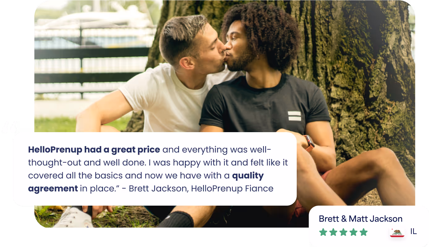 Two men sitting on grass by a tree, sharing a kiss, with an overlaid testimonial quote about HelloPrenup.