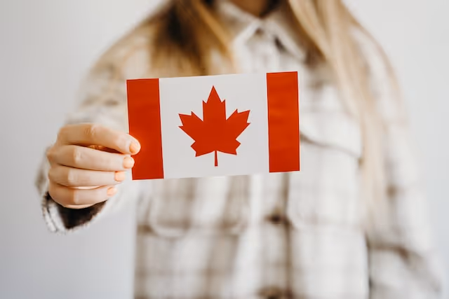 Person holding a small Canadian flag with a red maple leaf in the center.