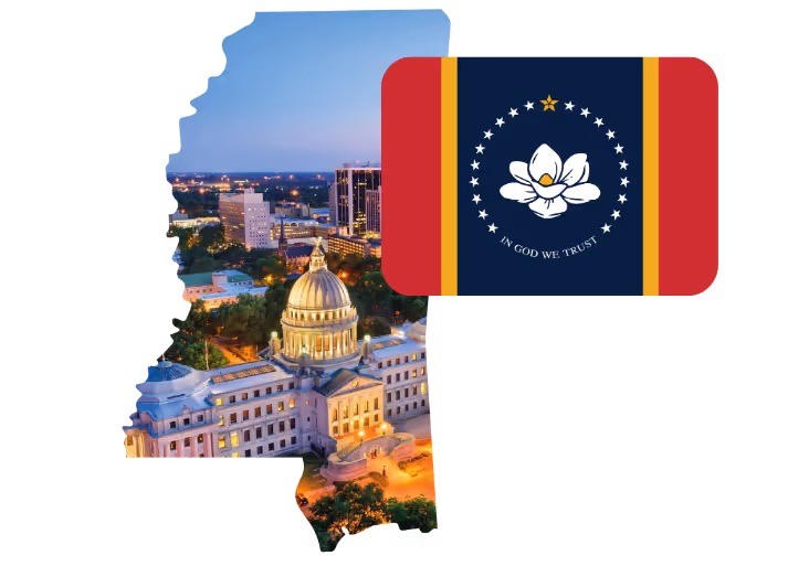 Evening skyline of Mississippi with illuminated state capitol building and the Mississippi state flag featuring a magnolia and stars.