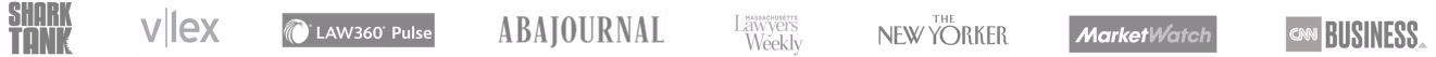Logos of Shark Tank, vLex, LAW360 Pulse, ABA Journal, Massachusetts Lawyers Weekly, MarketWatch, and CNN Business.