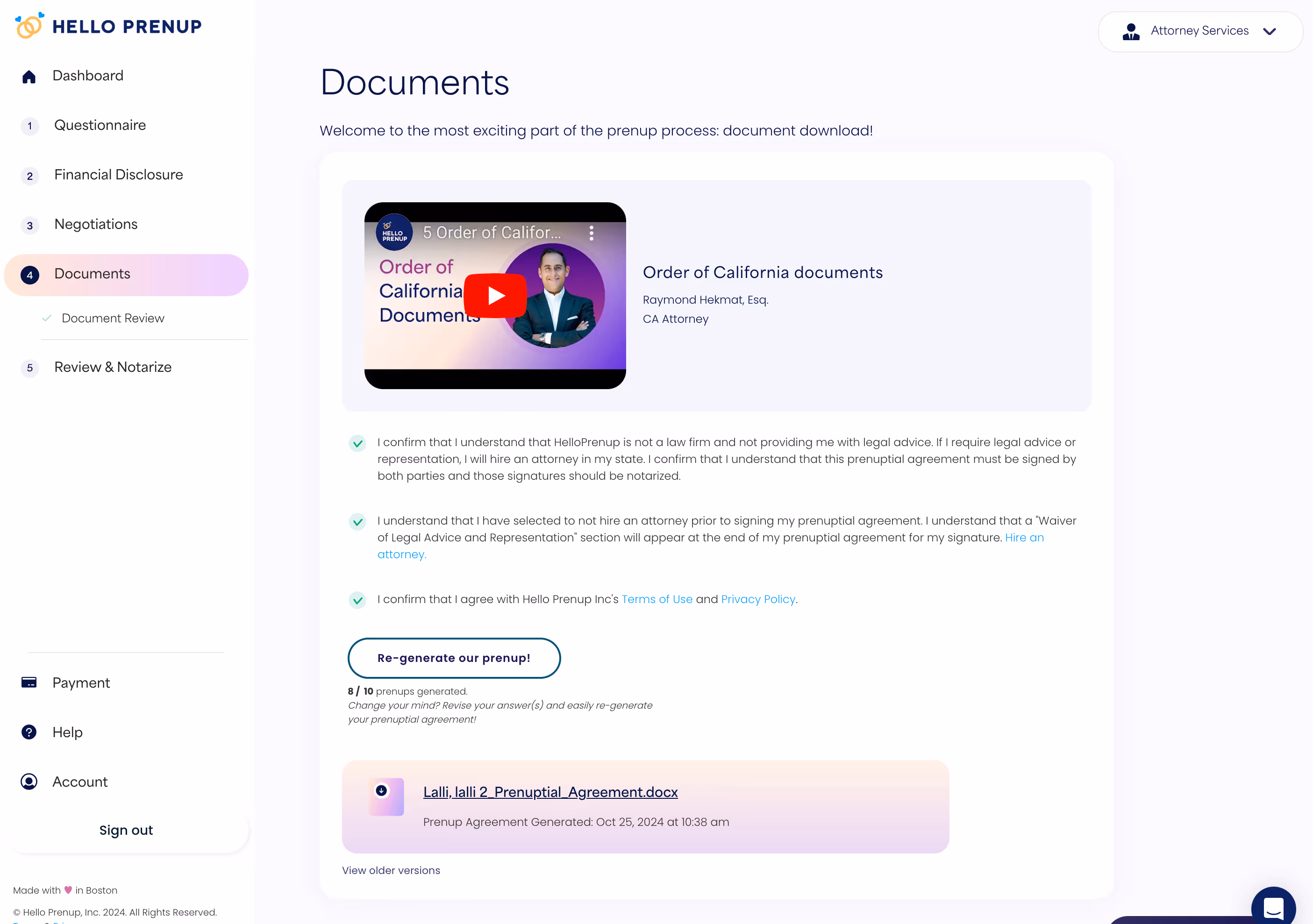 Hello Prenup Documents page with navigation menu, video about California documents by Raymond Hekmat, and downloadable prenuptial agreement file.