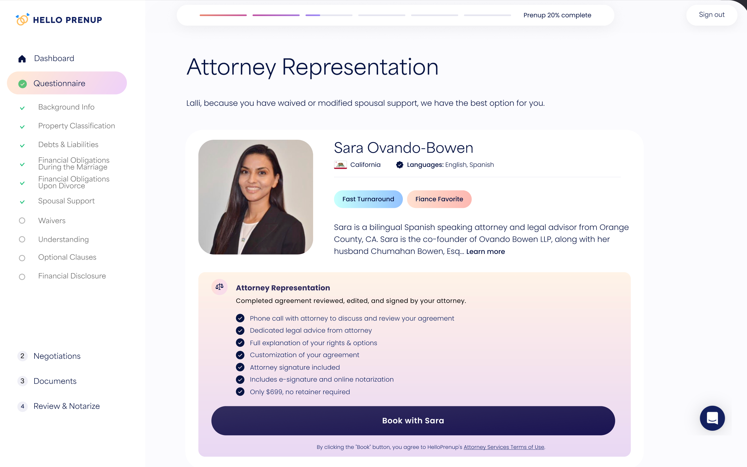 Attorney representation page showing bilingual attorney Sara Ovando-Bowen specializing in California law, with service details and a booking button.
