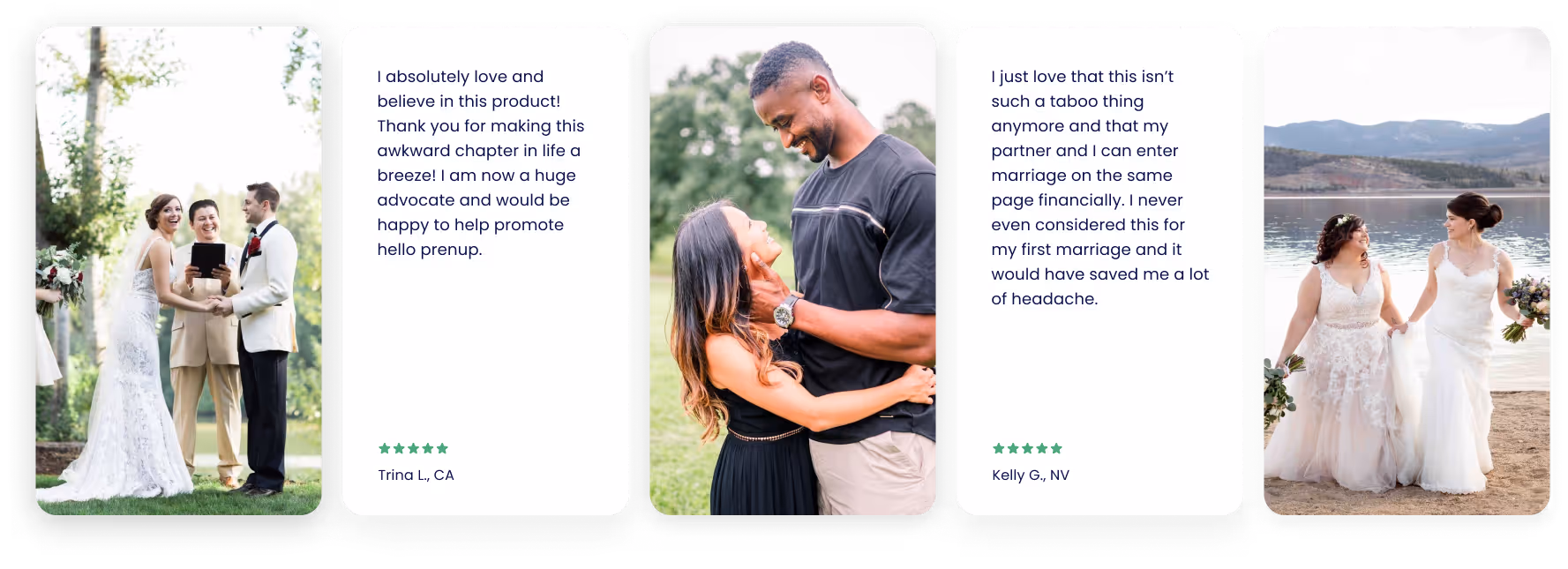 Collage of two wedding photos showing happy couples and two testimonial cards with positive reviews about a prenup product.