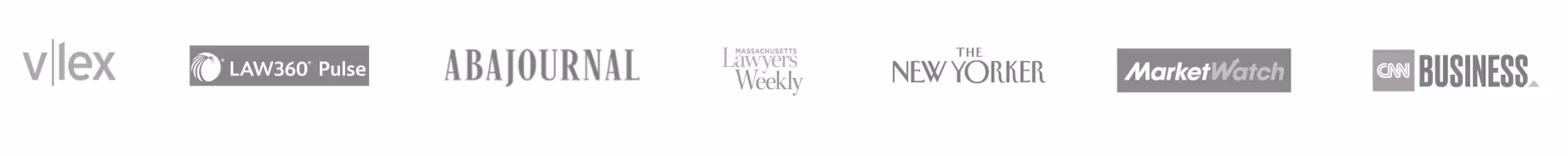 Logos of vLex, LAW360 Pulse, ABA Journal, Massachusetts Lawyers Weekly, The New Yorker, MarketWatch, and CNN Business.