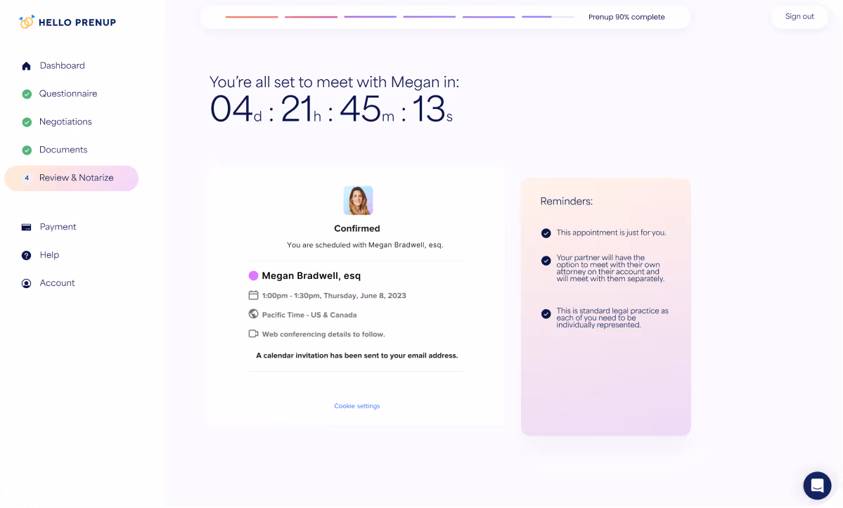 Hello Prenup dashboard showing a confirmed meeting with Megan Bradwell scheduled for Thursday, June 8, 2023, with a countdown timer and reminders about the appointment.