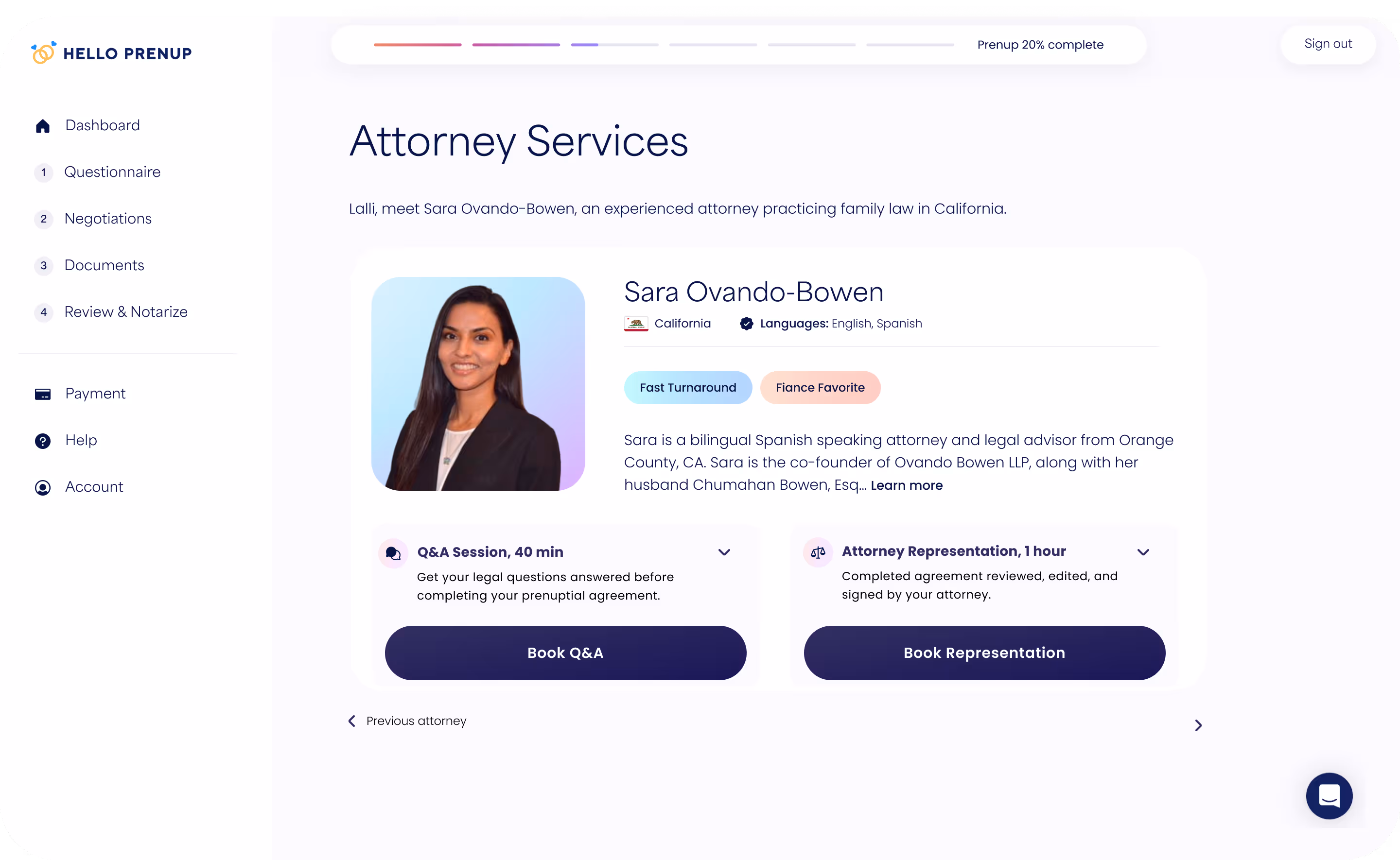Profile page of attorney Sara Ovando-Bowen, bilingual Spanish-English legal advisor from California offering Q&A and representation services for prenuptial agreements.