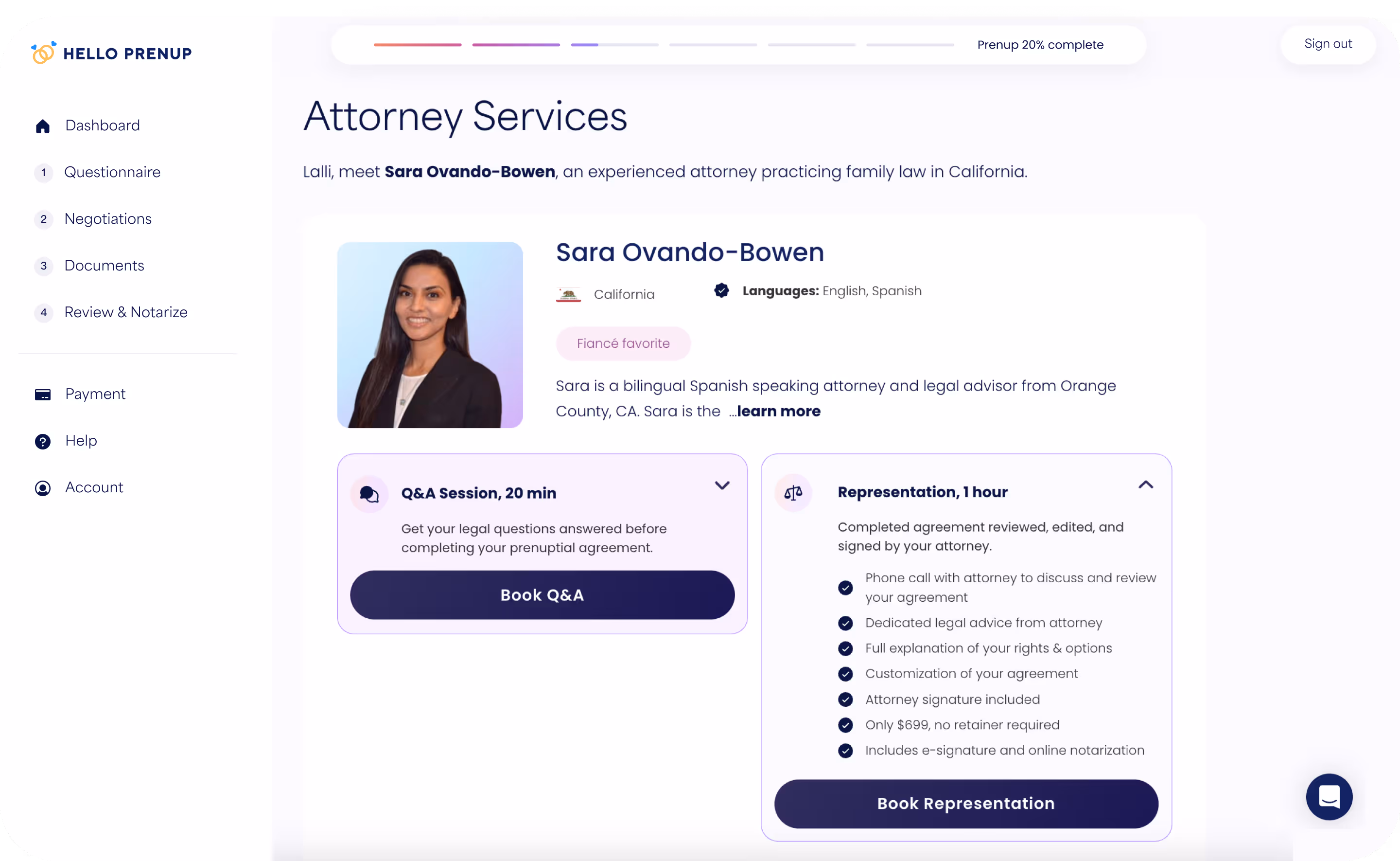 Attorney Services page showing profile of bilingual family law attorney Sara Ovando-Bowen from California with options to book a 20-minute Q&A session or 1-hour representation.