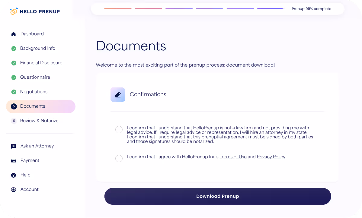 Hello Prenup Documents page showing progress, two confirmation checkboxes for legal understanding and agreement to terms, and a Download Prenup button.