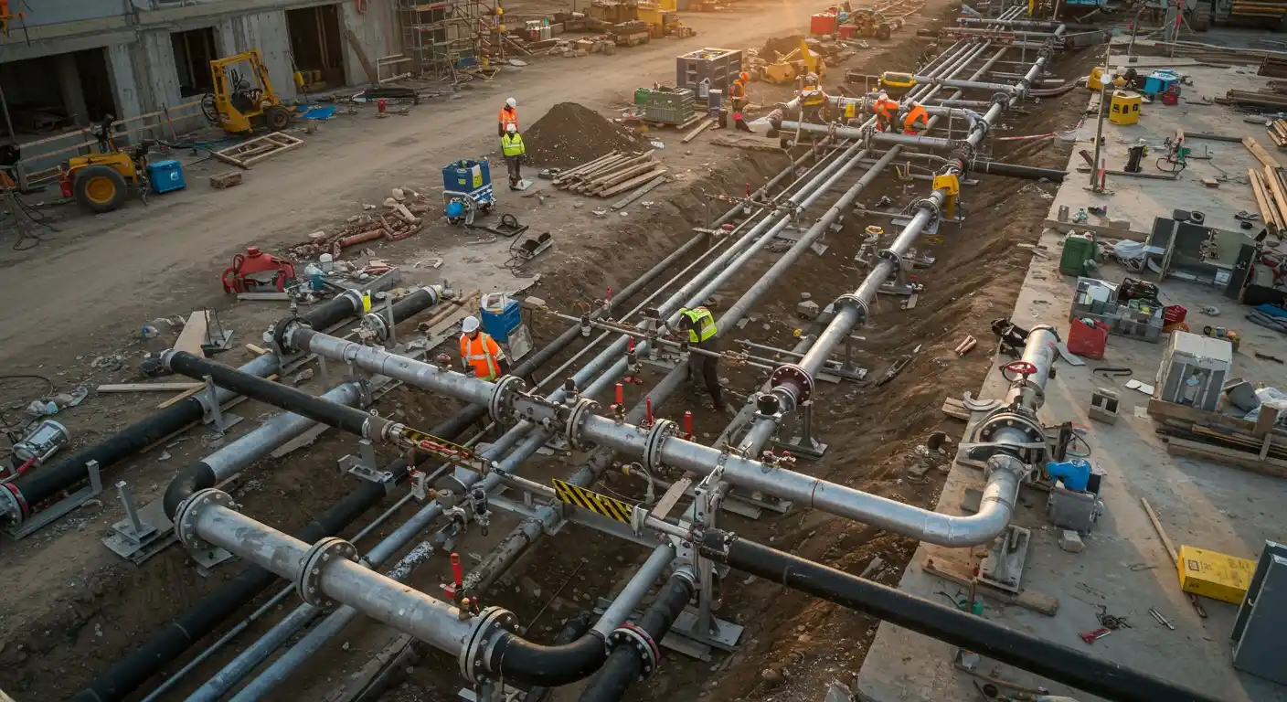 Overhead view of workers installing industrial pipeline system.