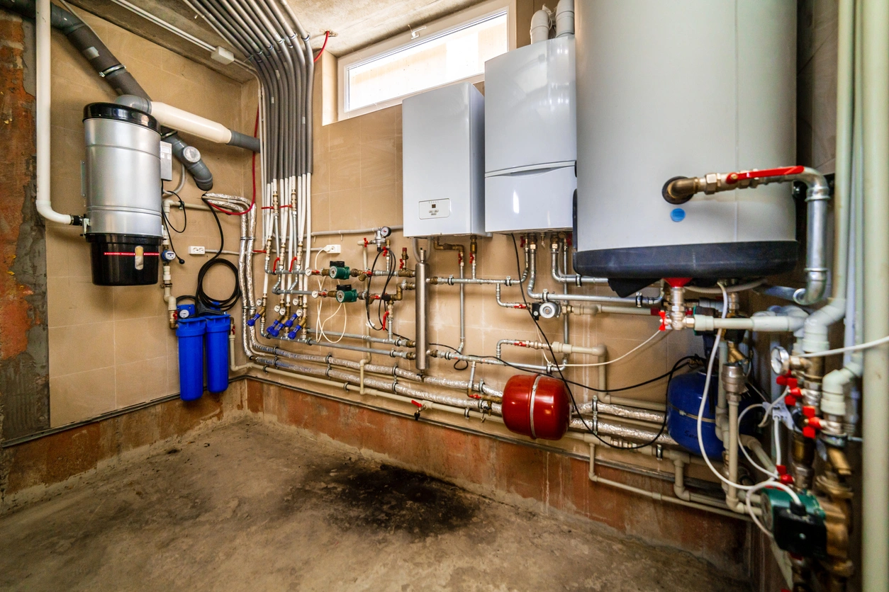 Basement boiler room with a collection of interconnected plumbing pipes, a water heater, filtration units, and a boiler. 