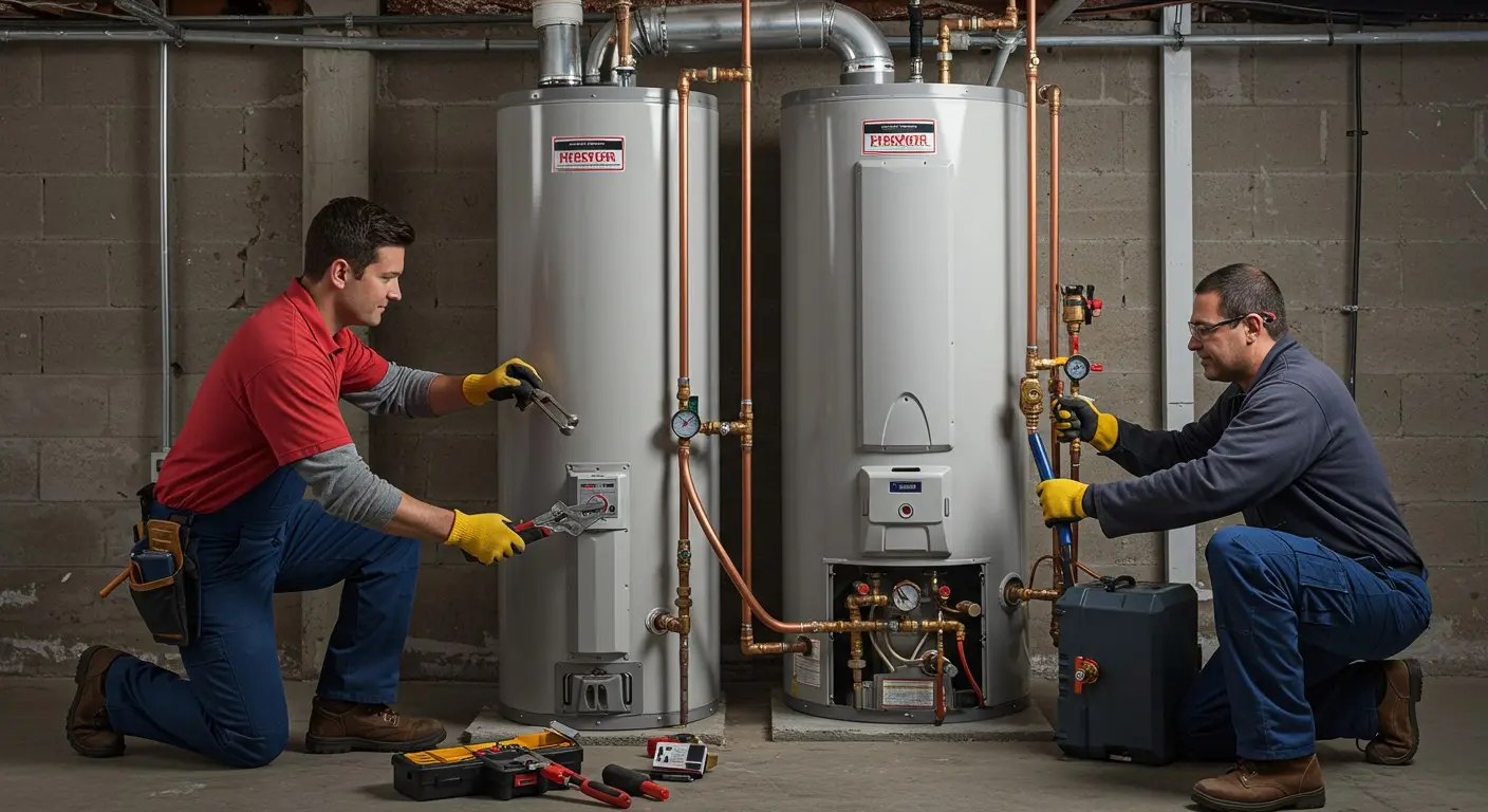 Plumbers working on two residential water heaters.