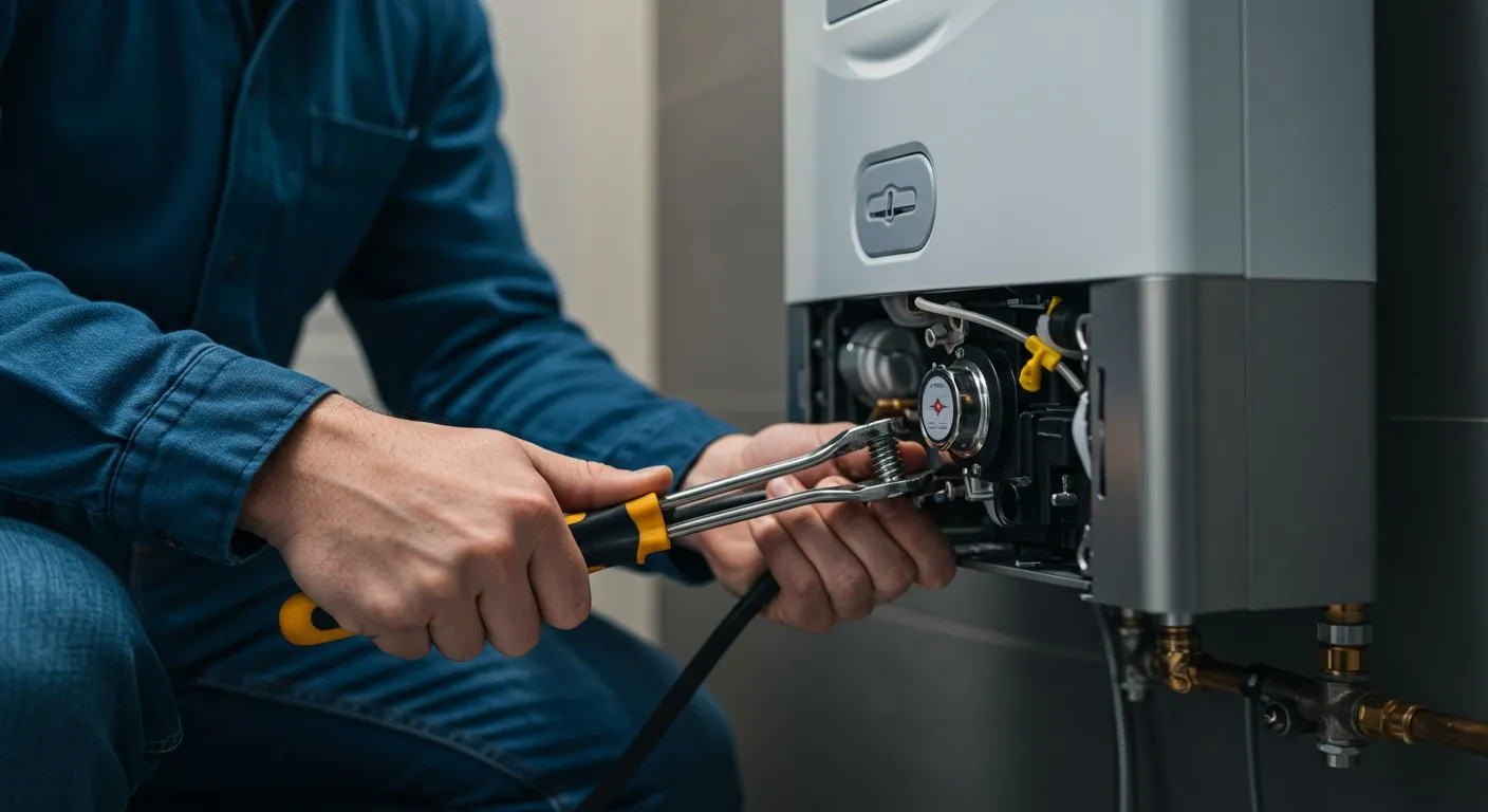 Plumber fixing tankless water heater with wrench.