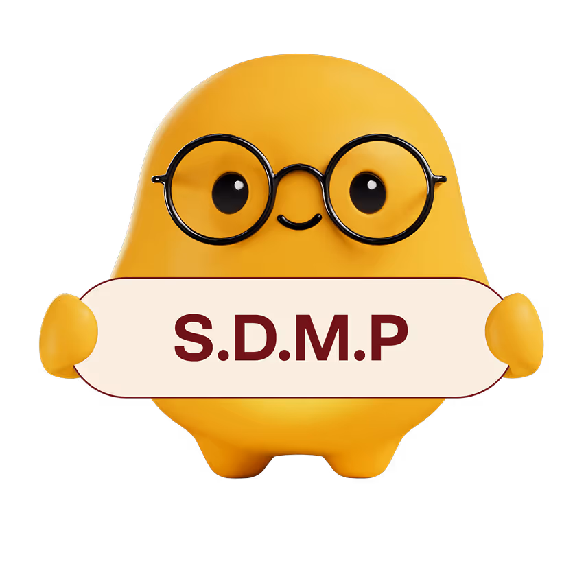Yellow cartoon character with round glasses holding a sign with the text 'S.D.M.P'.