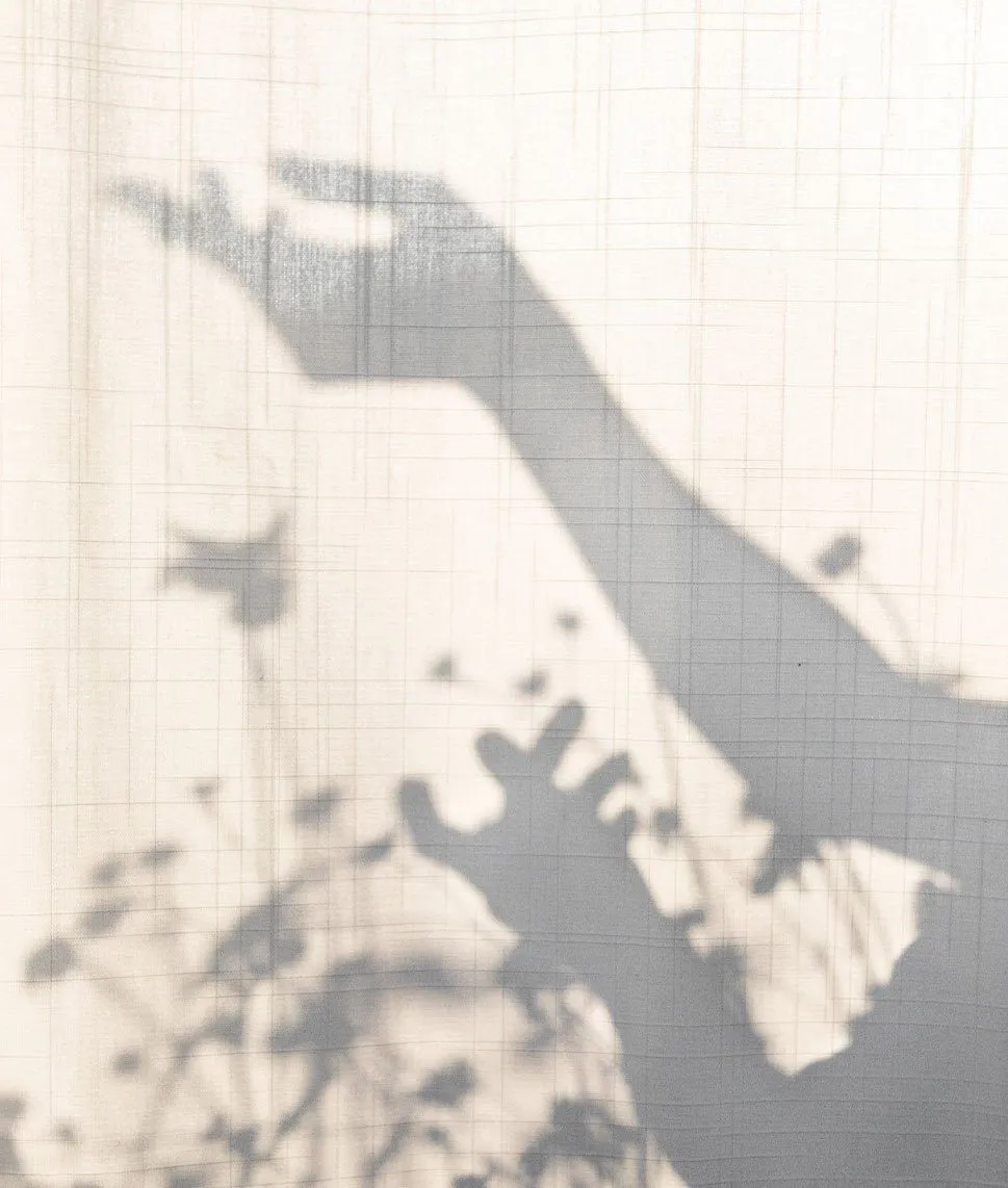 A silhouette of a woman's hands touching flowers.