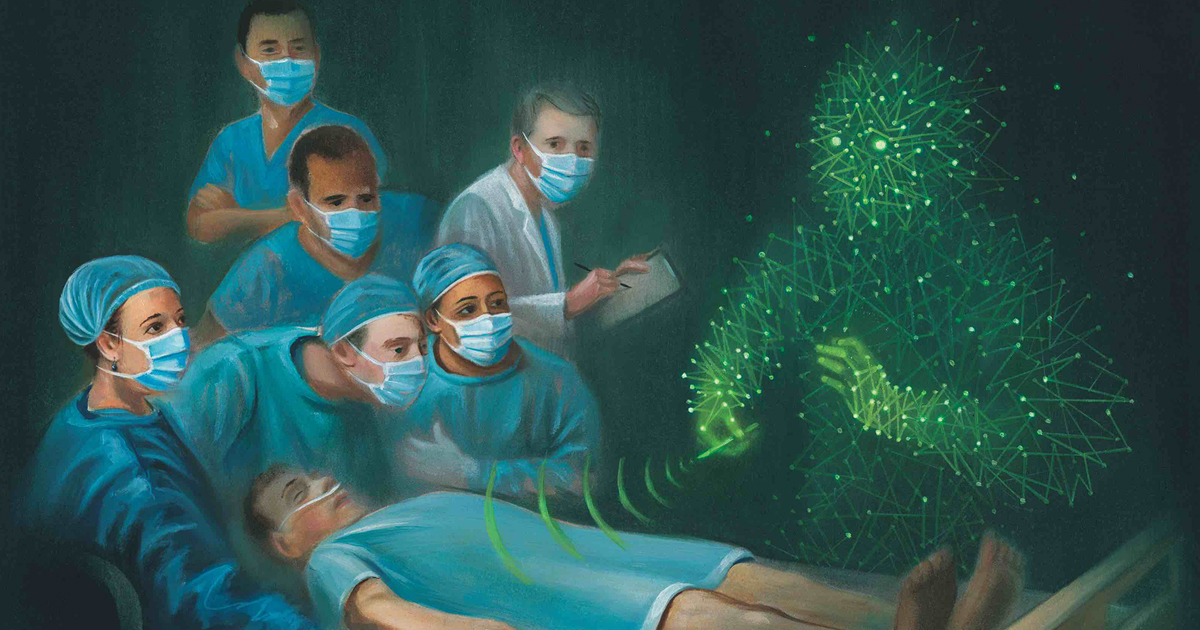 Illustration of a group of doctors with a patient lying on a bed.