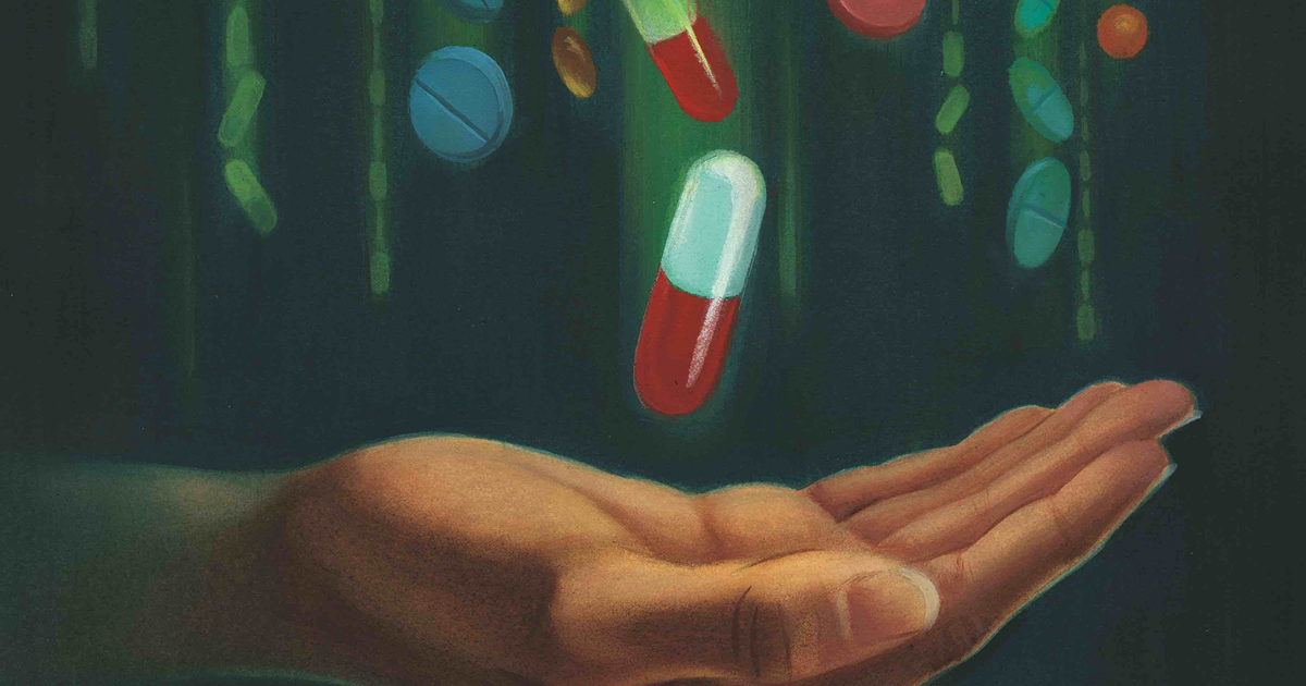 Illustration of a hand with a pill floating on top of it.
