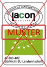 Logo von lacon Quality mit dem Text EU-BIO und Hinweis auf Nicht-EU-Landwirtschaft, überlagert von einem roten Muster-Stempel.