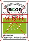 Logo von Lacon Qualitätsfleisch mit einem roten Stempel mit der Aufschrift 'MUSTER', darunter Text 'AT-BIO-402 Österreich-Landwirtschaft'.
