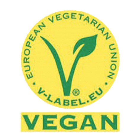 Logo der European Vegetarian Union mit grünem V und Blatt auf gelbem Hintergrund, darunter das Wort VEGAN.