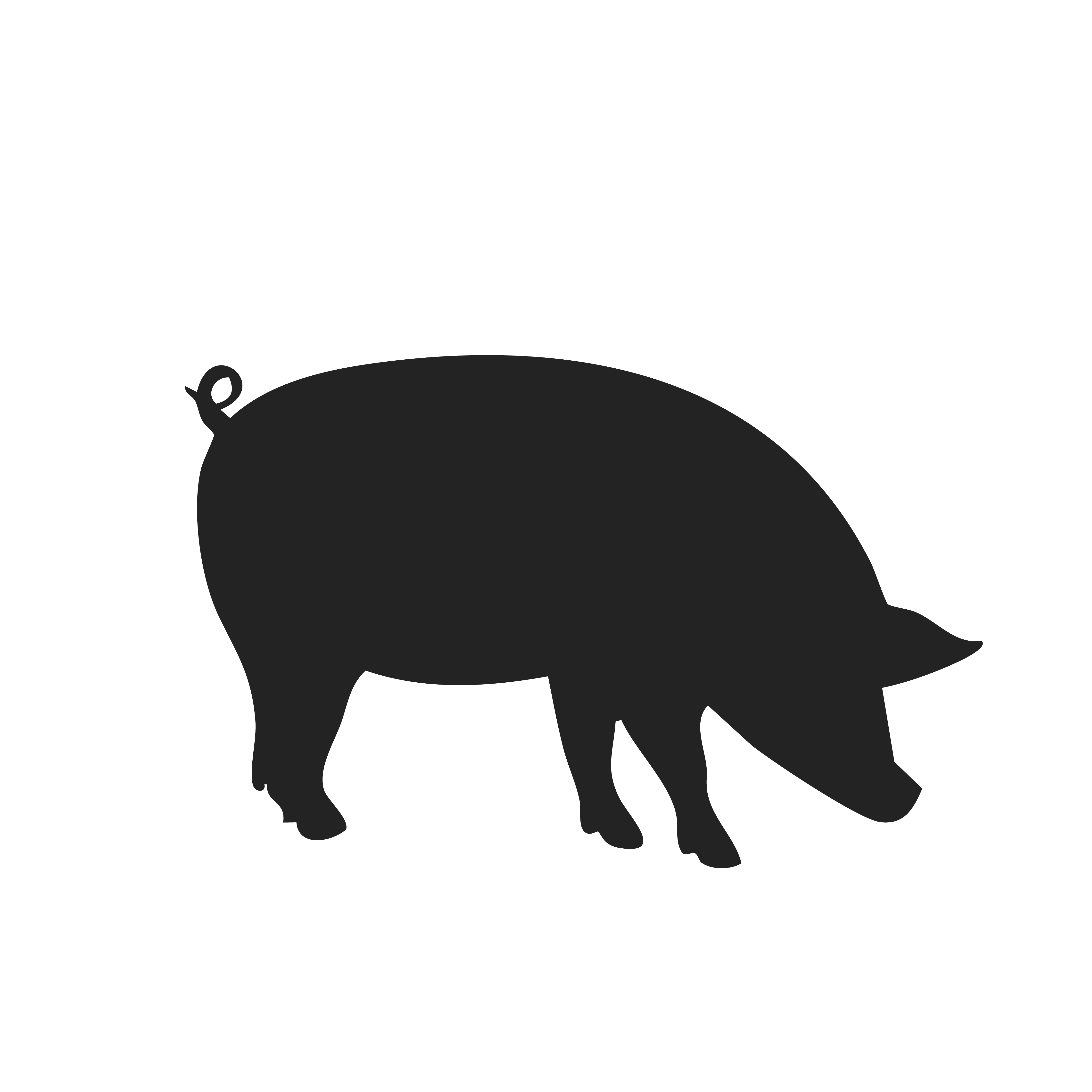 Schwarze Silhouette eines Schweins mit ringelndem Schwanz, stehend und gesenktem Kopf.