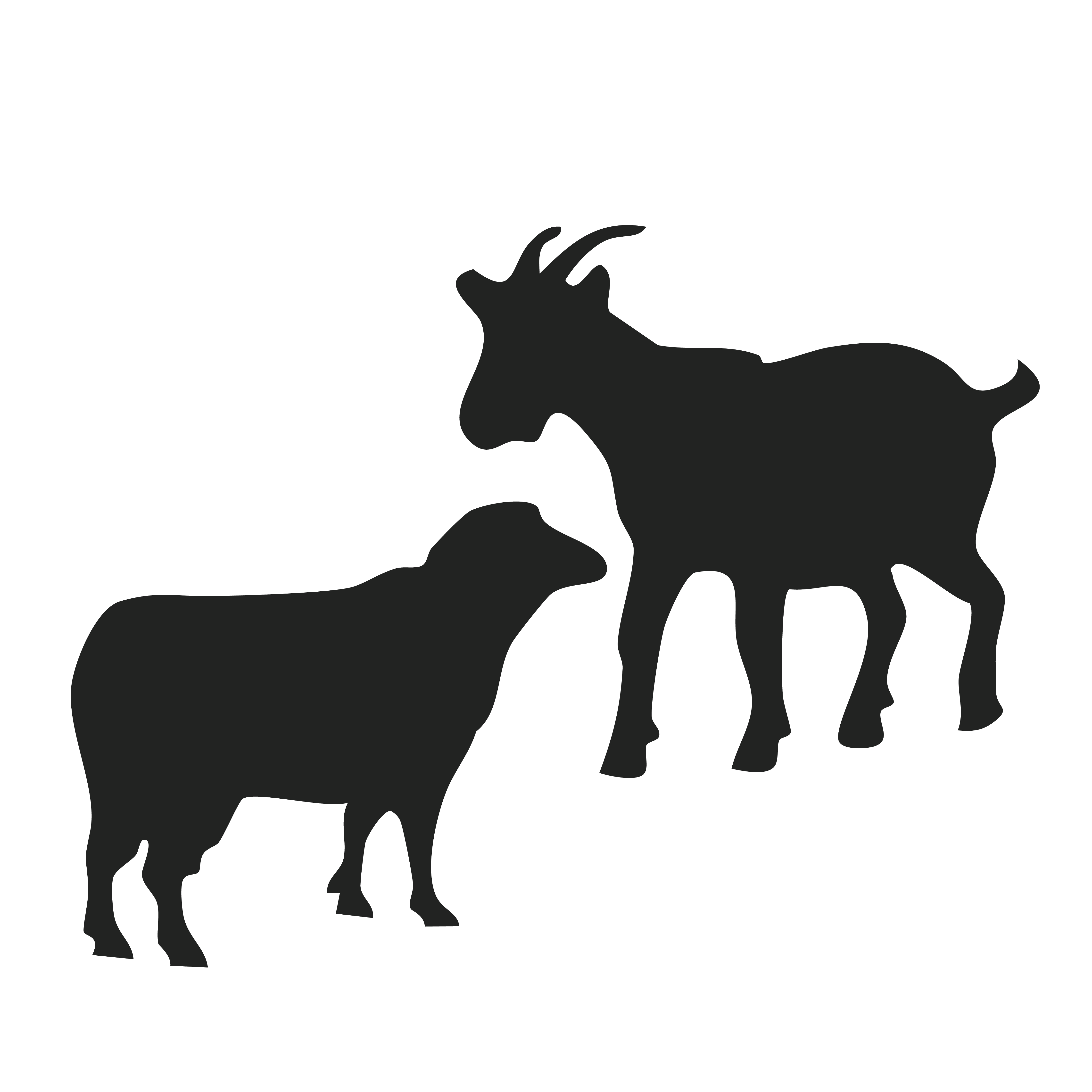 Schwarze Silhouetten von einem Schaf und einer Ziege, die sich gegenüberstehen.