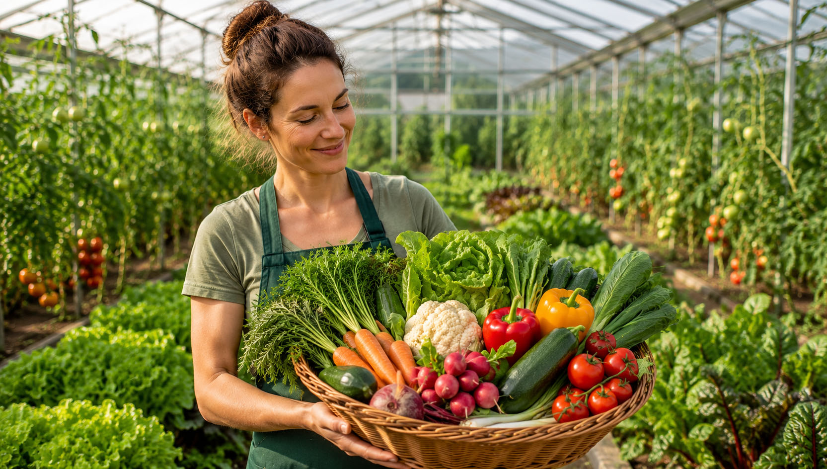 Frau in Gewächshaus hält Korb mit frischem Gemüse wie Karotten, Paprika, Tomaten und Salat.