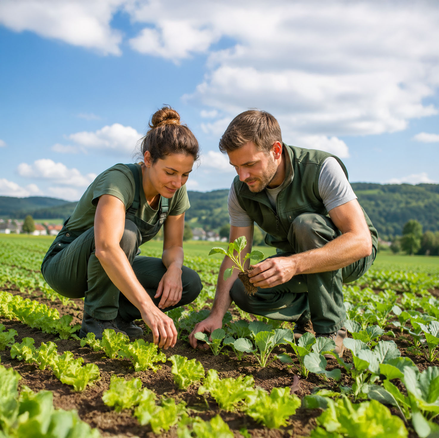 Zwei Landwirte pflanzen Setzlinge in einem Feld mit grünem Gemüse und klarem Himmel.