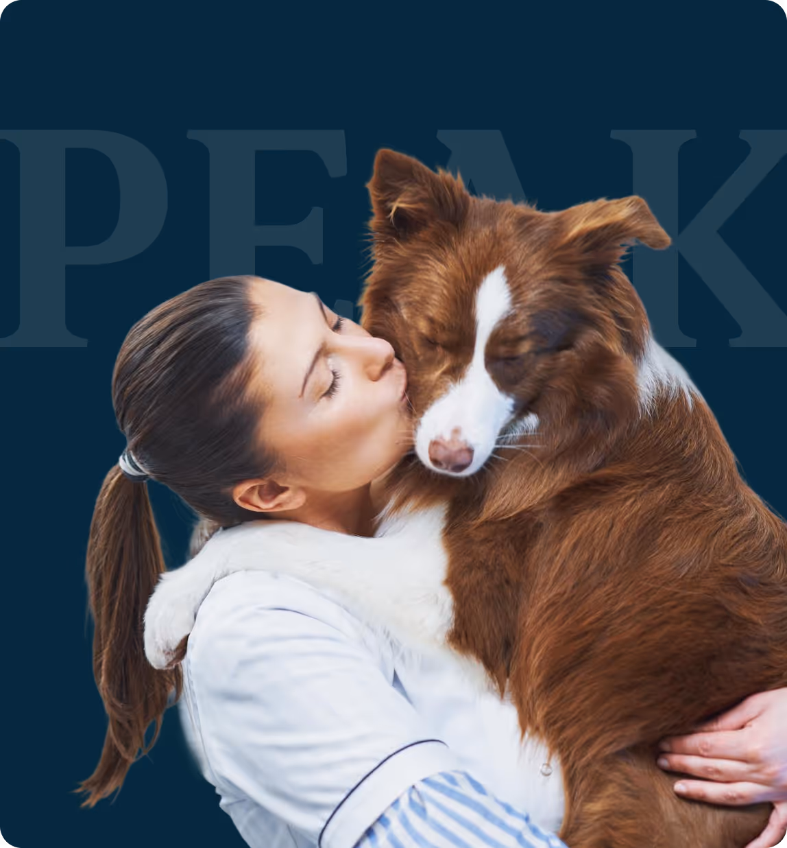 Image of a dog owner hugging and kissing her cute dog. 