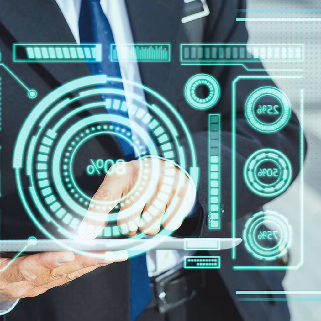 Image of business man in front of a transparent display