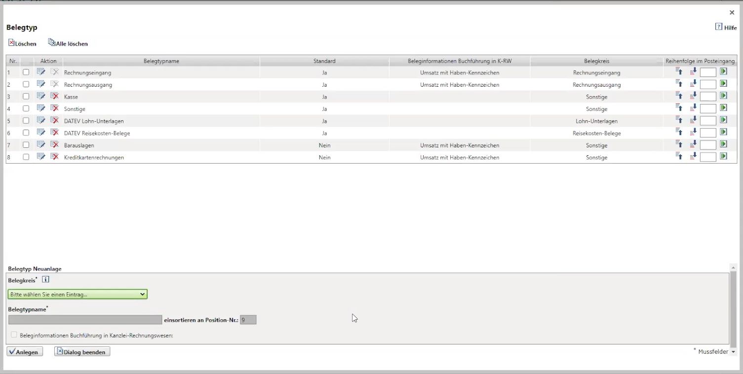 DATEV Unternehmen online Anlage Belegtyp
