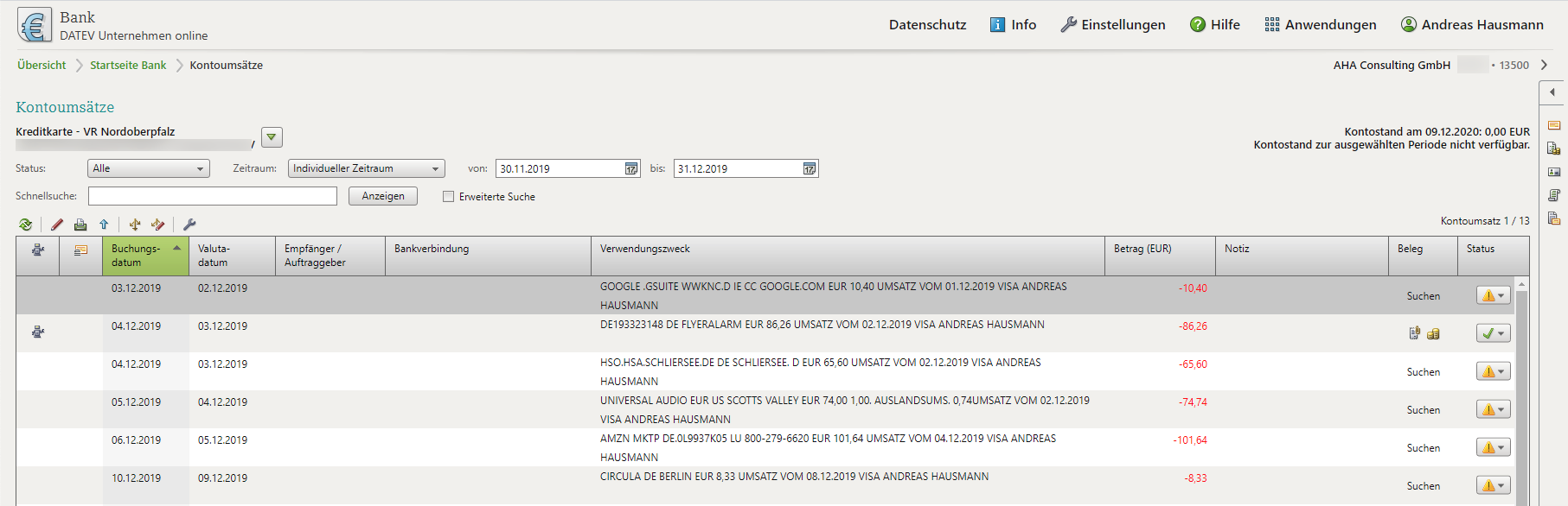 Kreditkarte in DATEV Unternehmen online