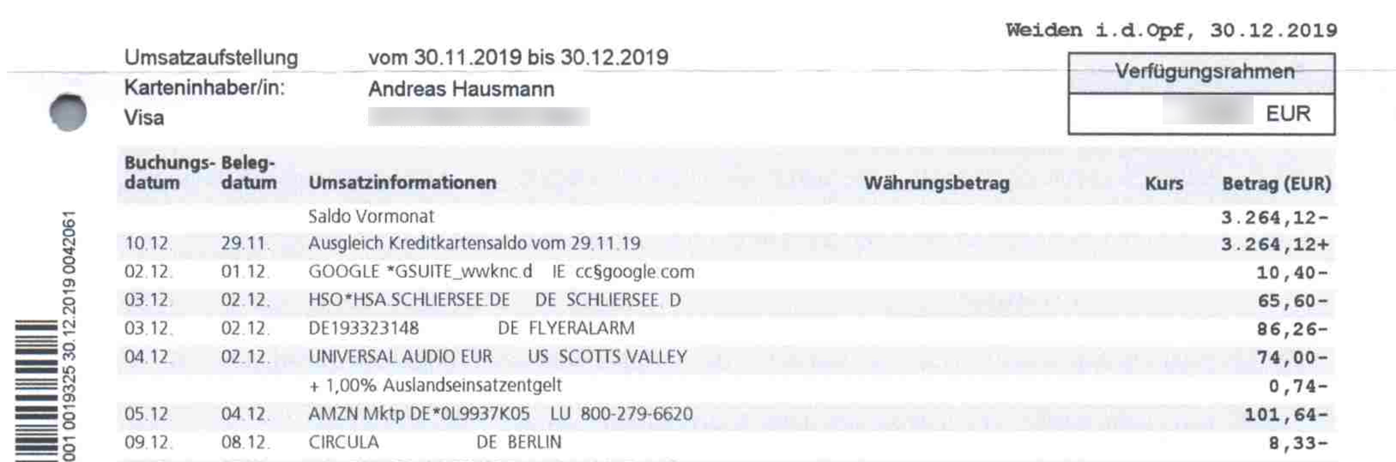 VISA Kreditkartenabrechnung DATEV Rechnungswesen