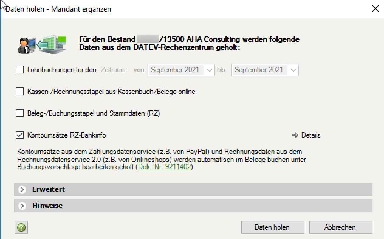 DATEV Kontoauszugsmanager Kontoumsätze in DATEV Rechnungswesen importieren