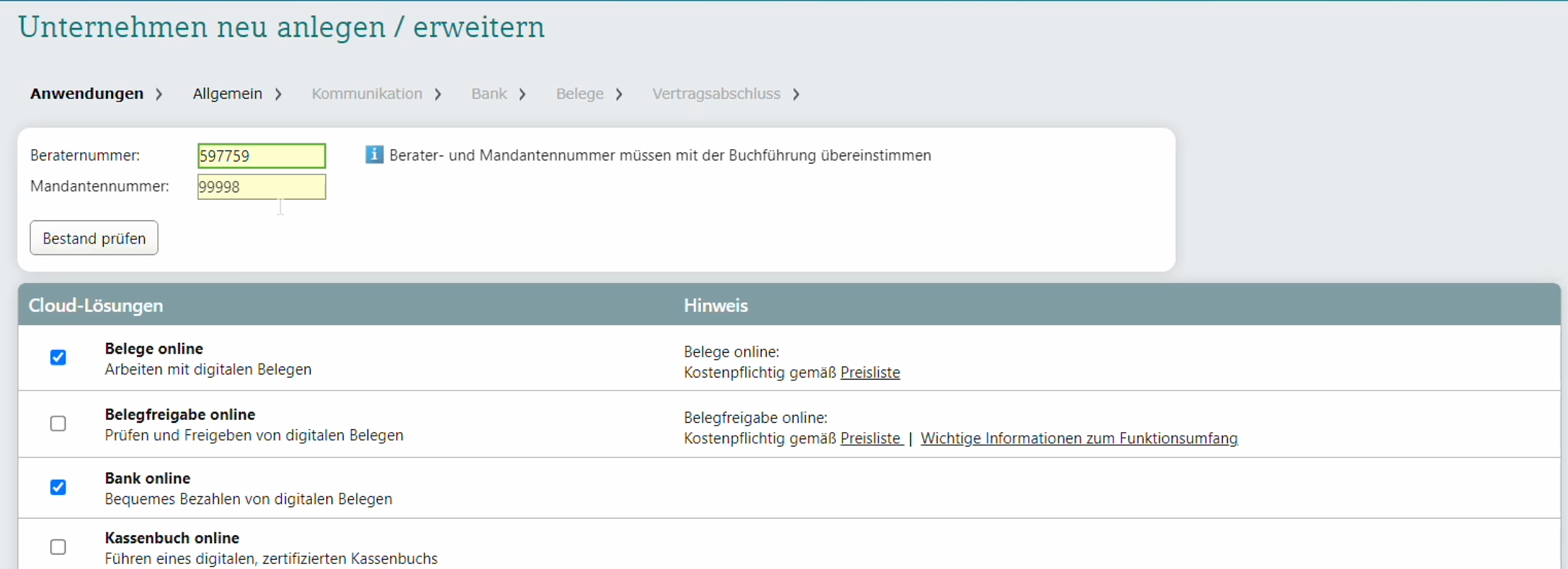 DATEV Unternehmen online Musterbestand anlegen