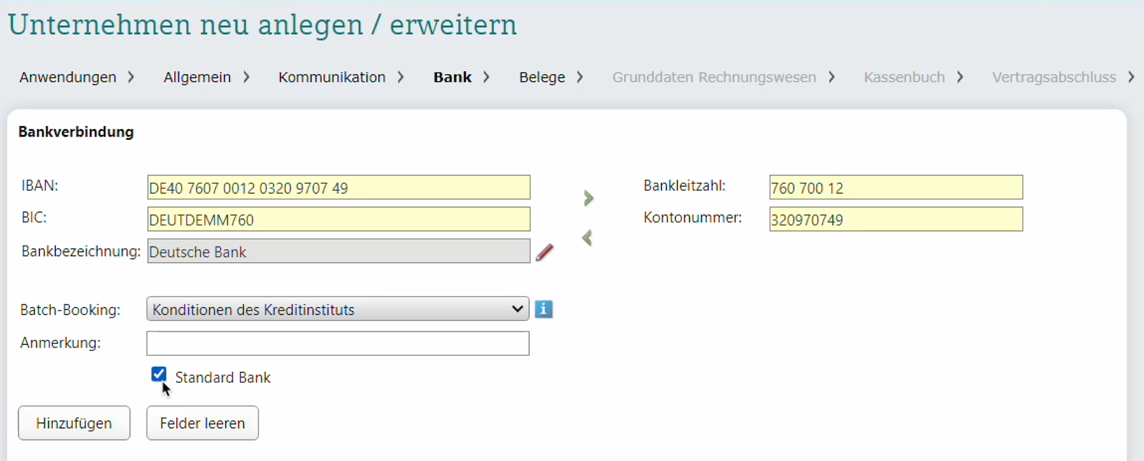 DATEV Unternehmen online Bankverbindung anlegen