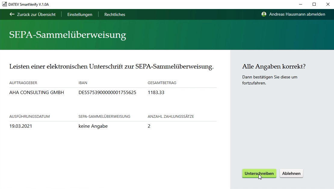 DATEV SmartVerify DATEV Unternehmen online Überweisung