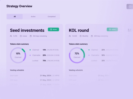 A user interface of the vesting portal showing a dashboard